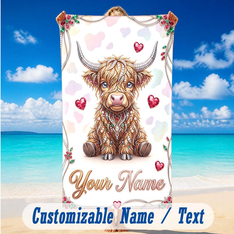 Cow Highland Theme Beach Towel Personalized Custom Name & Text Soft Quick Dry Beach Towel for Swimming Travel