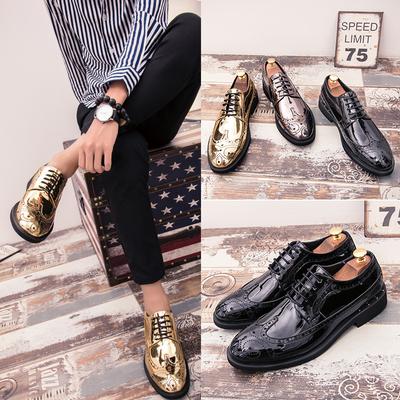 Gold Glossy Carved Leather Shoes Business Fashion Shoes Round Head Lace-up Wedding Photography Shoes