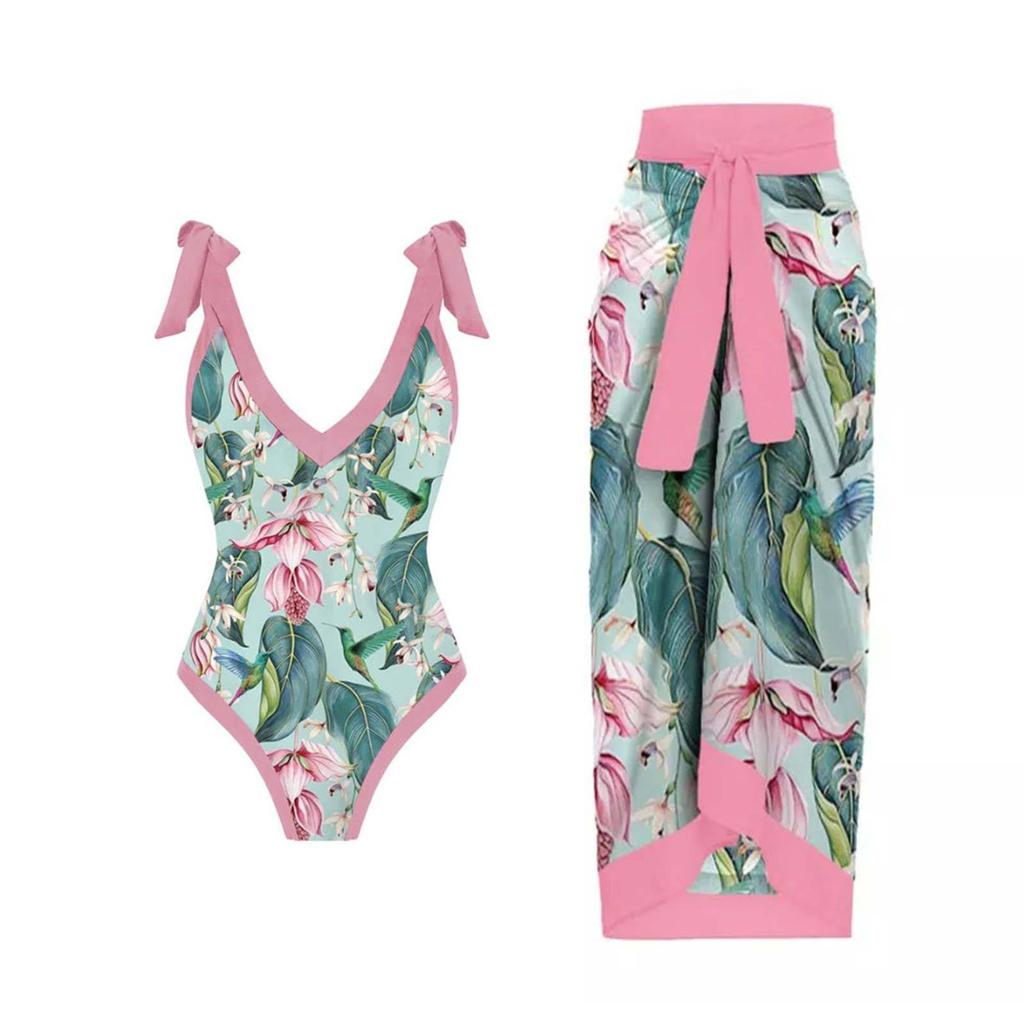 Women's Sexy One-Piece With Printed Swimsuit Long Skirt Set