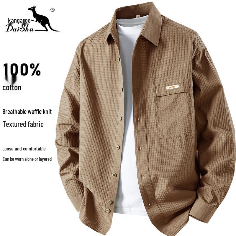 DAISHU Men s Waffle Cotton Relaxed Fit Long Sleeve Shirt Jacket M