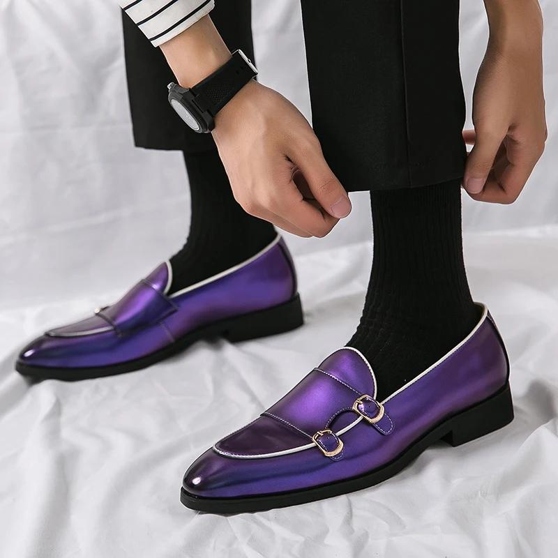 Luxury Designer Special Green Purple Black Monk Strap Shoes for Men Formal Wedding Prom Dress Shoes Men Homecoming