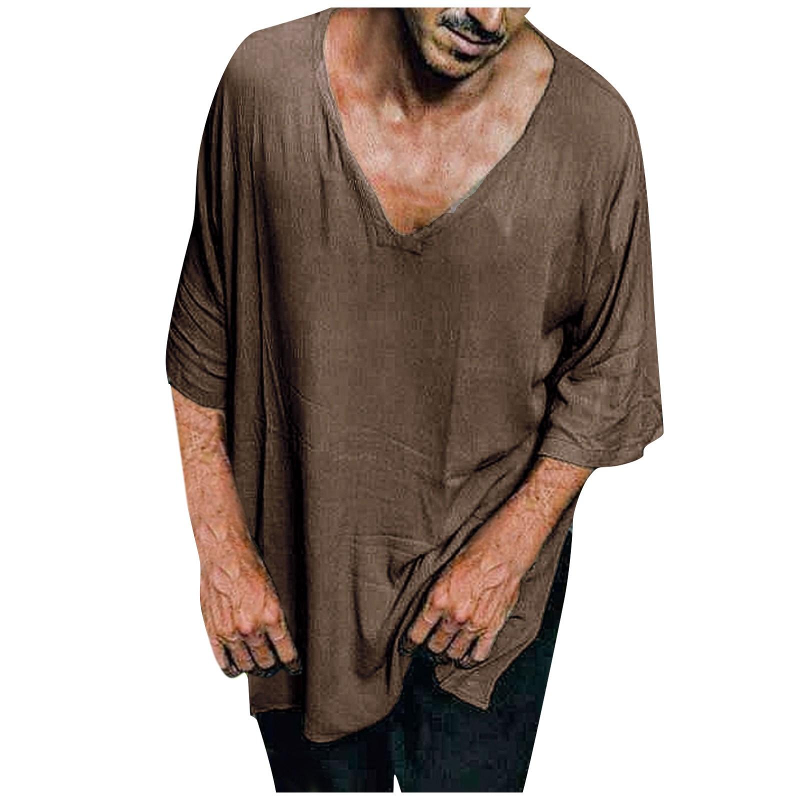 

Мужская большая однотонная повседневная футболка с длинным рукавом, двухслойный топ с морщинами XXL коричневый