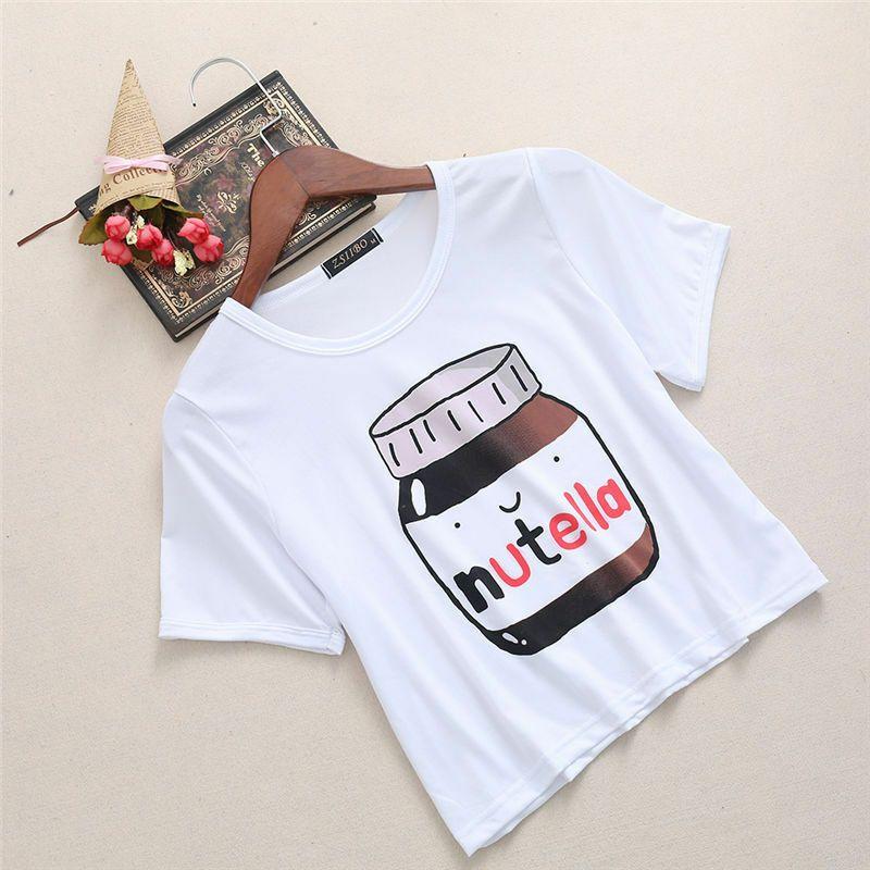 Harajuku Kawaii Woman Casual Fashion Nutella Print Tees Crop Tops Short Tshirt