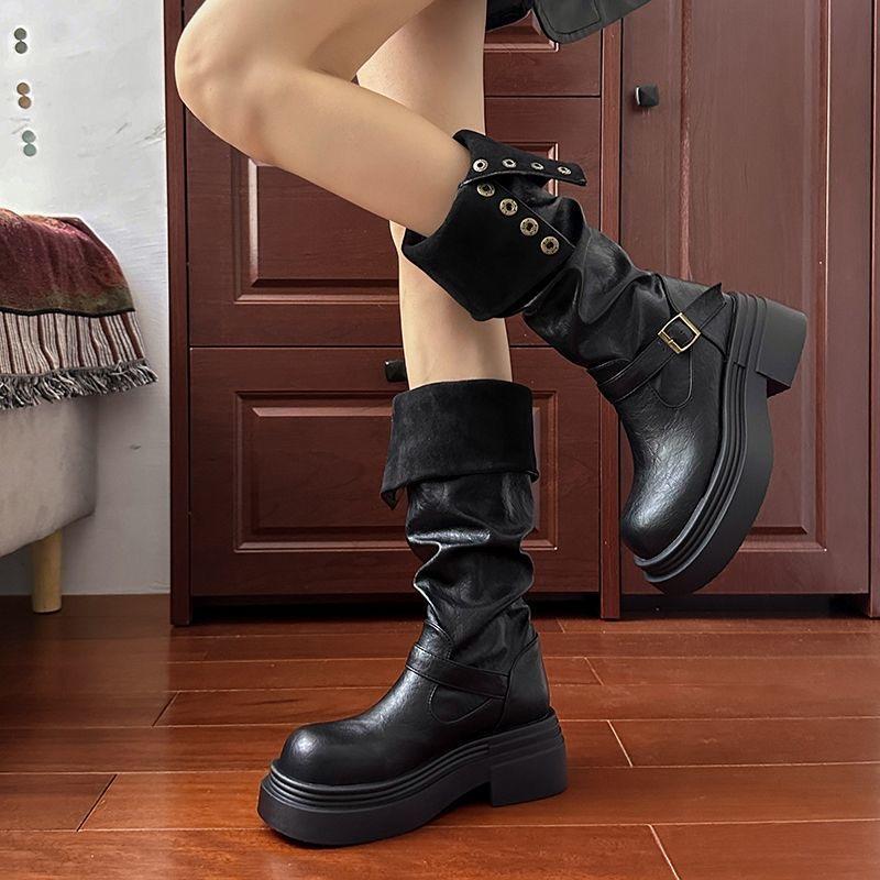 Fashion Long Boots Women's Autumn and Winter New Style Leather Buckle Strap Thick Soled Boots Fashionable British Knee High Knight Boots