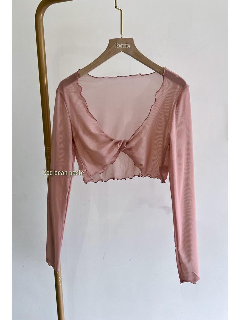 Women's Ballet Dancewear Long Sleeve Mesh Crossover Top - Yoga, Classical, Modern Practice & Sun Protection Shirt