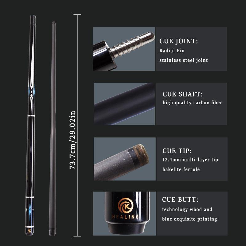 OKHEALING Carbon Fiber Pool Cue Black Technology Carbon Fiber Shaft Butt 12.4mm Tip Radial Pin Joint 147cm Length 19~20oz Weight Billiard Cue, Black