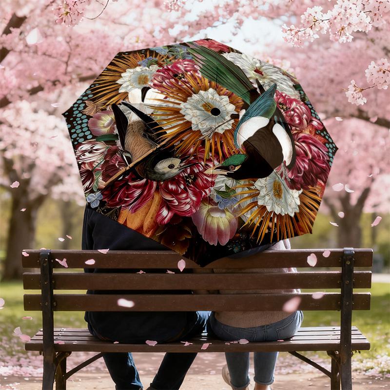1pc Floral Birds Automatic Folding Umbrella, Heavy Duty 8 Rib Iron Frame,  Suitable for Travel, Daily Use, Birthday, Decor Gift M0104037