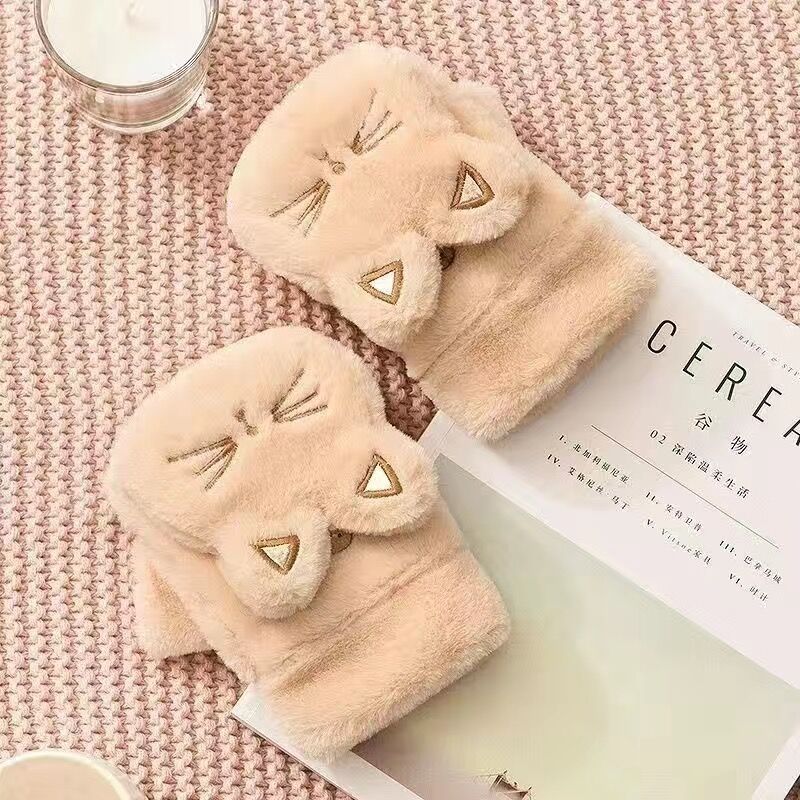 Cat gloves ladies plush cute bare finger half finger warm student girl plush flip