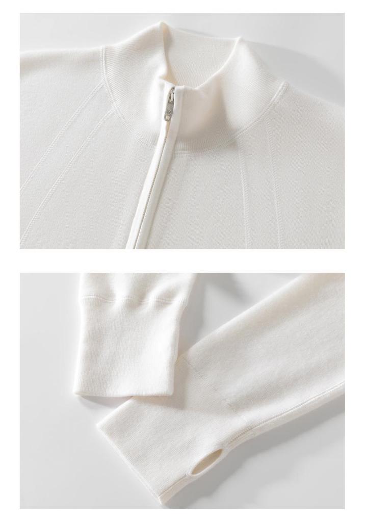 Women's Slim-Fit Pure Wool Cardigan - Half-High Collar Zipper Knitwear for Autumn/Winter