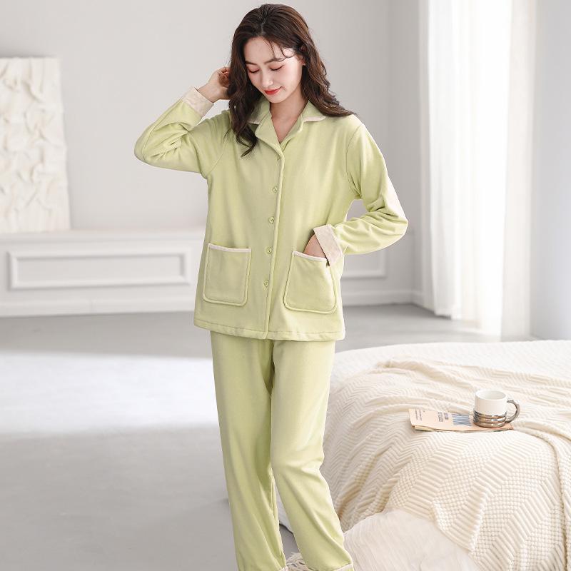 Women's Winter Coral Fleece Pajamas: Spring/Autumn Style, Plus Velvet Cardigan, Solid Color, Warm Sea Island Fleece Home Wear Set.