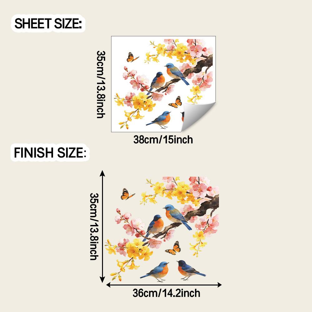 Цветы, Ветки, Птицы в весенней тематике, Наружный балкон, Зеркало, Декоративные наклейки