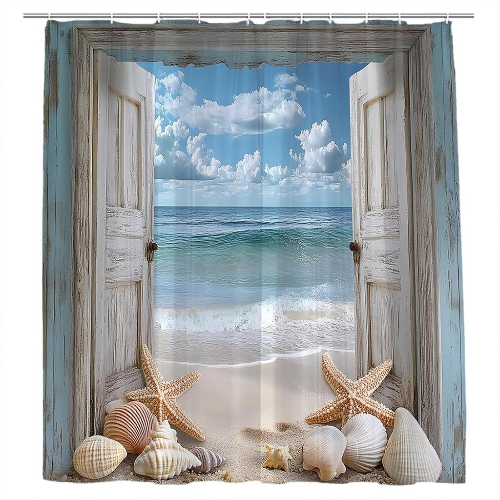 Beach Coastal Shower Curtain Rustic Barn Door Sea Waves Ocean Seascape Landscape Starfish Seashell Nautical Turquoise Tropical