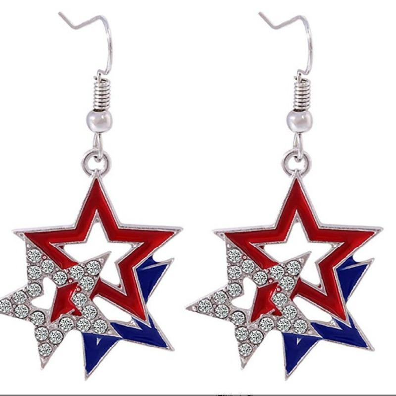 Red, White and Blue Striped American Flag Three Pentagram Earrings July 4th Independence Day Earrings