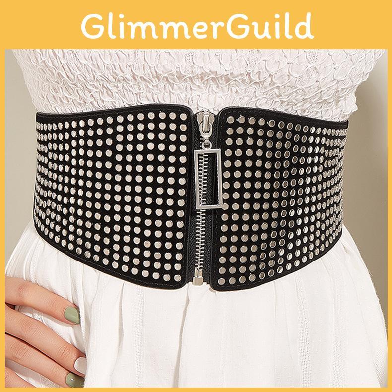 Flat Small Multiple Nail Zipper Waist Seal Waistband With Rivets Belt Black