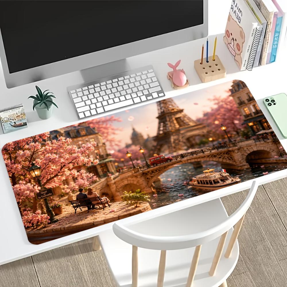 Large Gaming Mousepad Eiffel Tower Cherry Blossom Hd Print NonSlip Rubber Lock Edge Desk Mat For Pc Laptop Office Desktop Decor