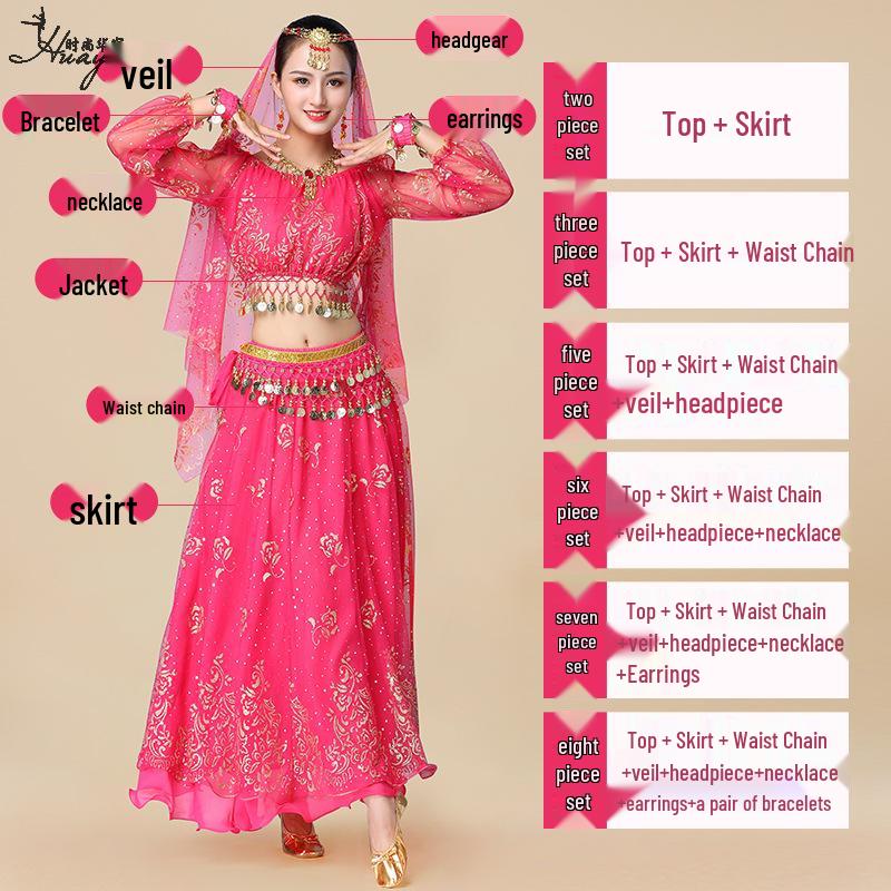 Fantasia de Apresentação de Dança do Ventre Indiana Huayu - Conjunto de Vestido de Manga Comprida de Chiffon para Mulheres