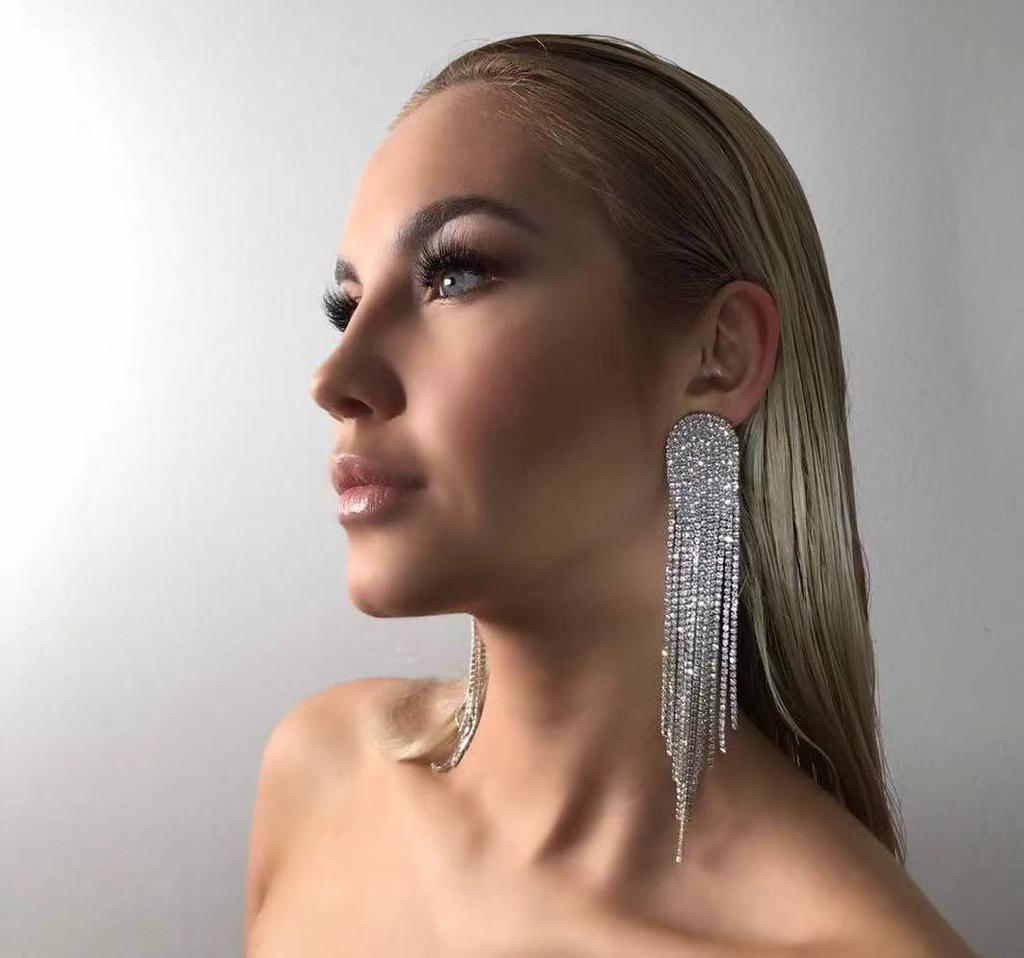 2022 New Fashion Long Tassel Rhinestone Drop Earrings for Women Ovsize Crystal Dangle Earrings Fashion Jewelry