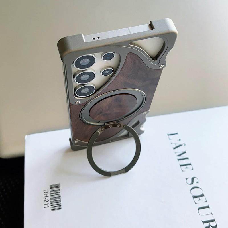 Metal Walnut Phone Case With Magnetic Stand S26 Ultra S25 S24 S23 Shockproof Rotating Edge