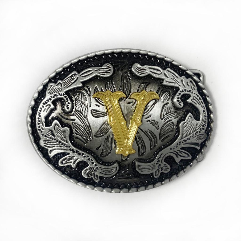 Western Cowboy Ethnic-Style Oval Belt Buckle - English Letters & Tang Grass Pattern Alloy