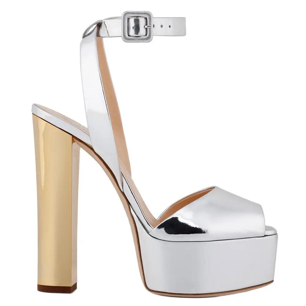 Fashion Peep Toe Platform Women Sandals Chunky Heel Patent Leather Large Size High Heels Summer Fashion Ankle Strap Shallow Sandals