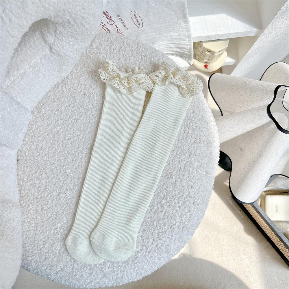 Ankara Red Lace Socks Children'S Trend Retro Double Needle Drawstring Mori Women'S Mid-Tube Stacking Socks