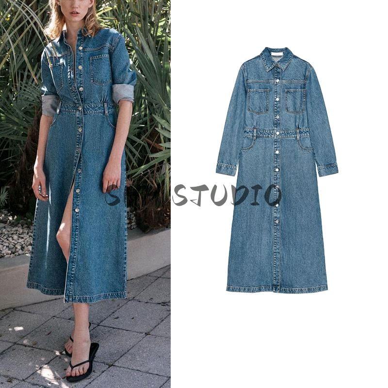 Spring New Women's Clothing Minimalist Style Decorated Row Button Lapel Long Sleeves Denim Midi Skirt Dress 1879225