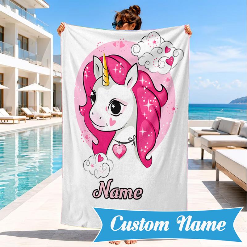 Custom Name Unicorn Dreams Art Beach Towel Microfiber Beach Towel, Lightweight and Quick-Dry, for Summer Travel, Swimming Pool Gift