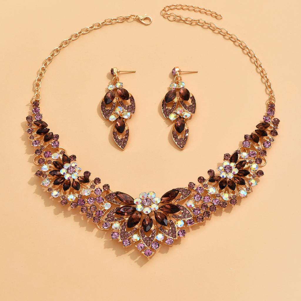Vintage Necklace Earrings Set Women Leaves Flowers Rhinestone Bridal Accessories