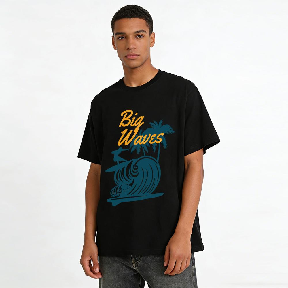 Big Waves Surfing Print Casual Tee Coconut Tree Beach Vacation Top Pure Cotton T-shirt