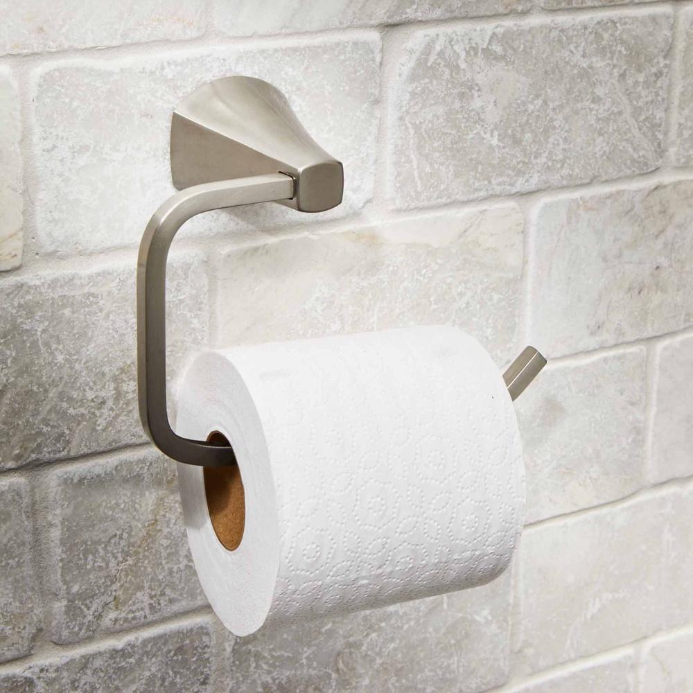 Wall Mount Toilet Paper Holder Simple Flare Design Satin Nickel Finish Contemporary Bathroom Accessory Hardware Included Easy