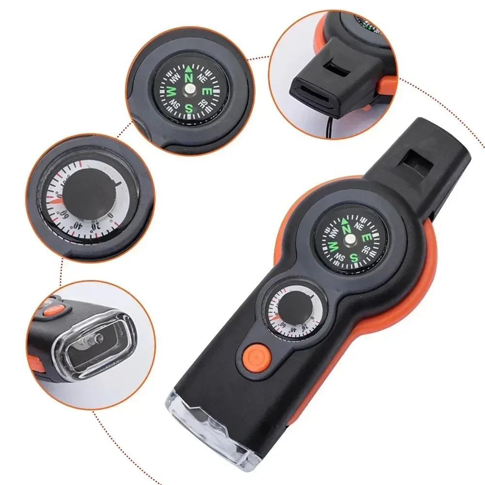 7 In1 Outdoor Survival Whistle Emergency Tools Camping Hiking Rescue Emergency Loud Whistle Compass Thermometer Magnifier