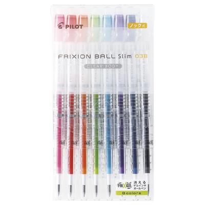 Pilot FriXion Ball Slim Erasable Ballpoint Clear 8 LFBS144UFNC8C 0.38mm Pen, Body, Colors,
