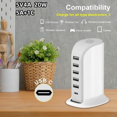5V4A 20W Smart 6 In 1 USB Multi Port Charger Compatible Different IOS/Android Devices Portable MINI Charger Station