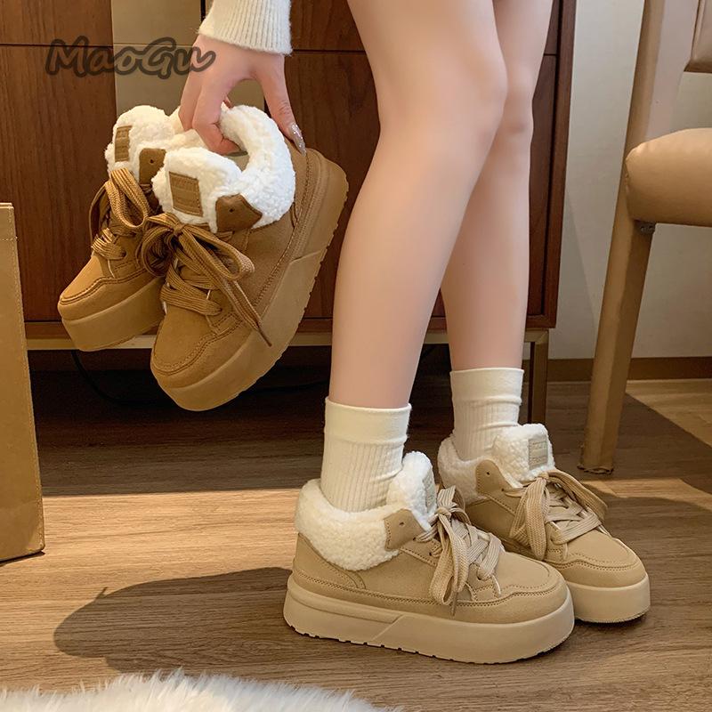 Platform Lace-Up Plush Cotton Shoes Women's Winter Outdoor Faux Fur Lined Thickened Anti-Slip Low Top Snow Boots Casual Sneakers
