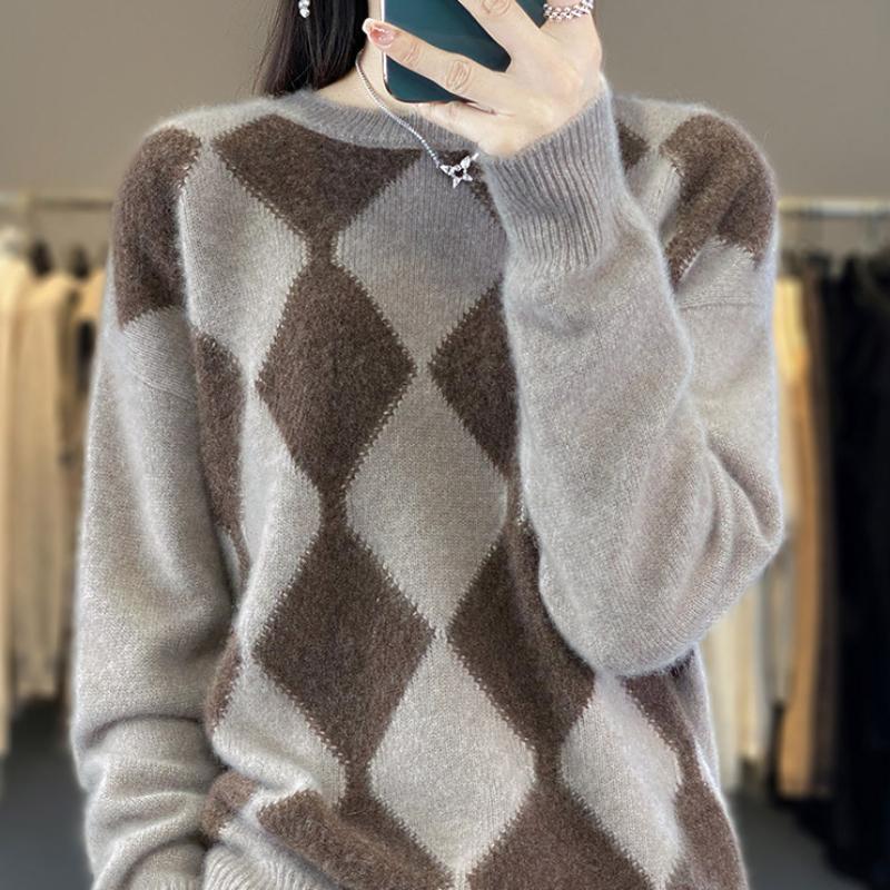 

Кардиган с круглым вырезом и ромбовидным узором для женщин на осень и зиму, кашемировый вязаный свитер, свободный, универсальный базовый пуловер XXL