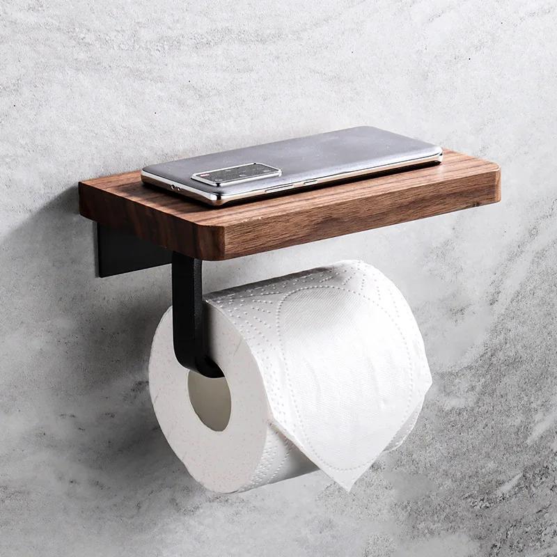 HeMu Solid Wood Tissue Holder Without Punching, Toilet Paper Box, Toilet Phone Storage Rack, Walnut Roll Paper Holder Simple