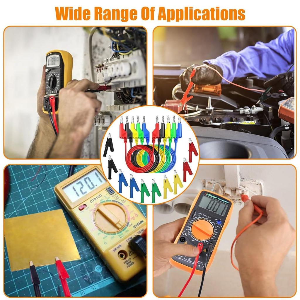 5Pcs 4mm Multimeter Test Leads Set with 10Pcs Crocodile Clips, 3.3ft/1m Double Ended Banana Plug Cabels, 5 Colors Stackable Electrical Testing Cable