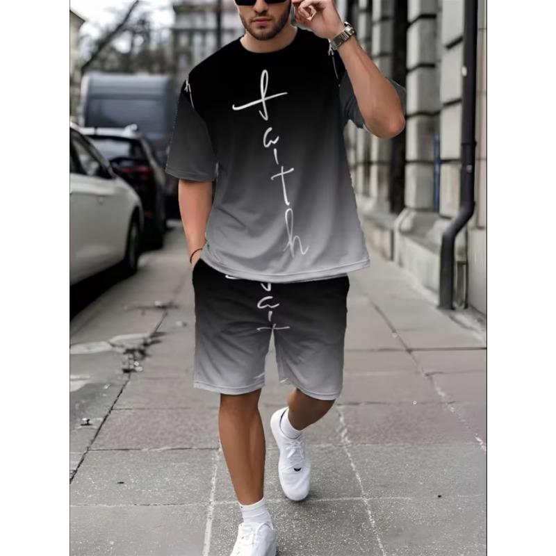 Urban Street Fashion Trend Men's Round Neck Short Sleeved Shorts Set, Outdoor Simple Casual and Comfortable