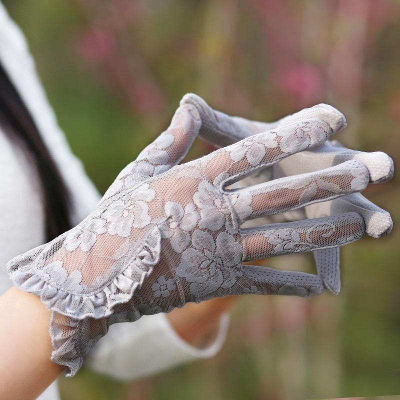 Summer Women Sexy Lace Flower Ruffle Touch Screen Sunscreen Mesh Breathable Transparent Gloves Driving Cycling Anti-Slip