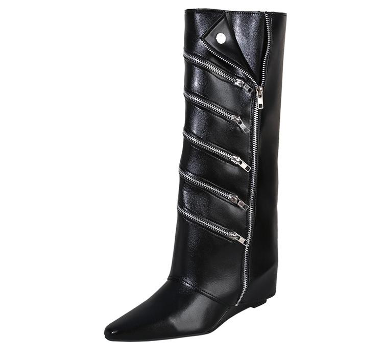 Women's Knee High Boots Fashion Pointed Toe Leather Boots Designer Zip Decorative Trouser Tube Boots for Women Knight Boot Botas