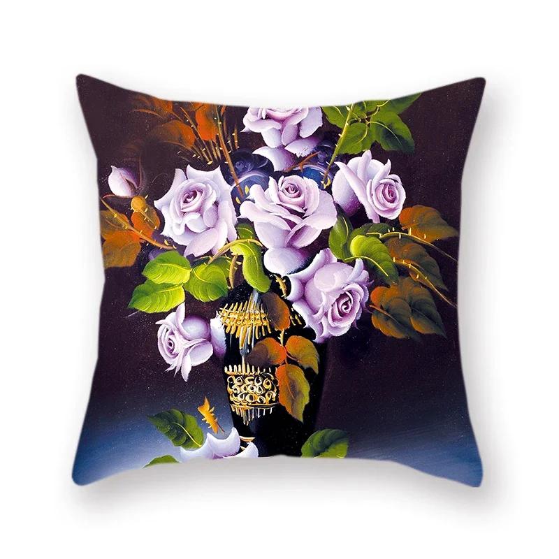 Oil Painting Flowers Vintage Vase Print Decorative Square Cushion Cover Purple Rose Home Polyester Pillowcase 45X45Cm