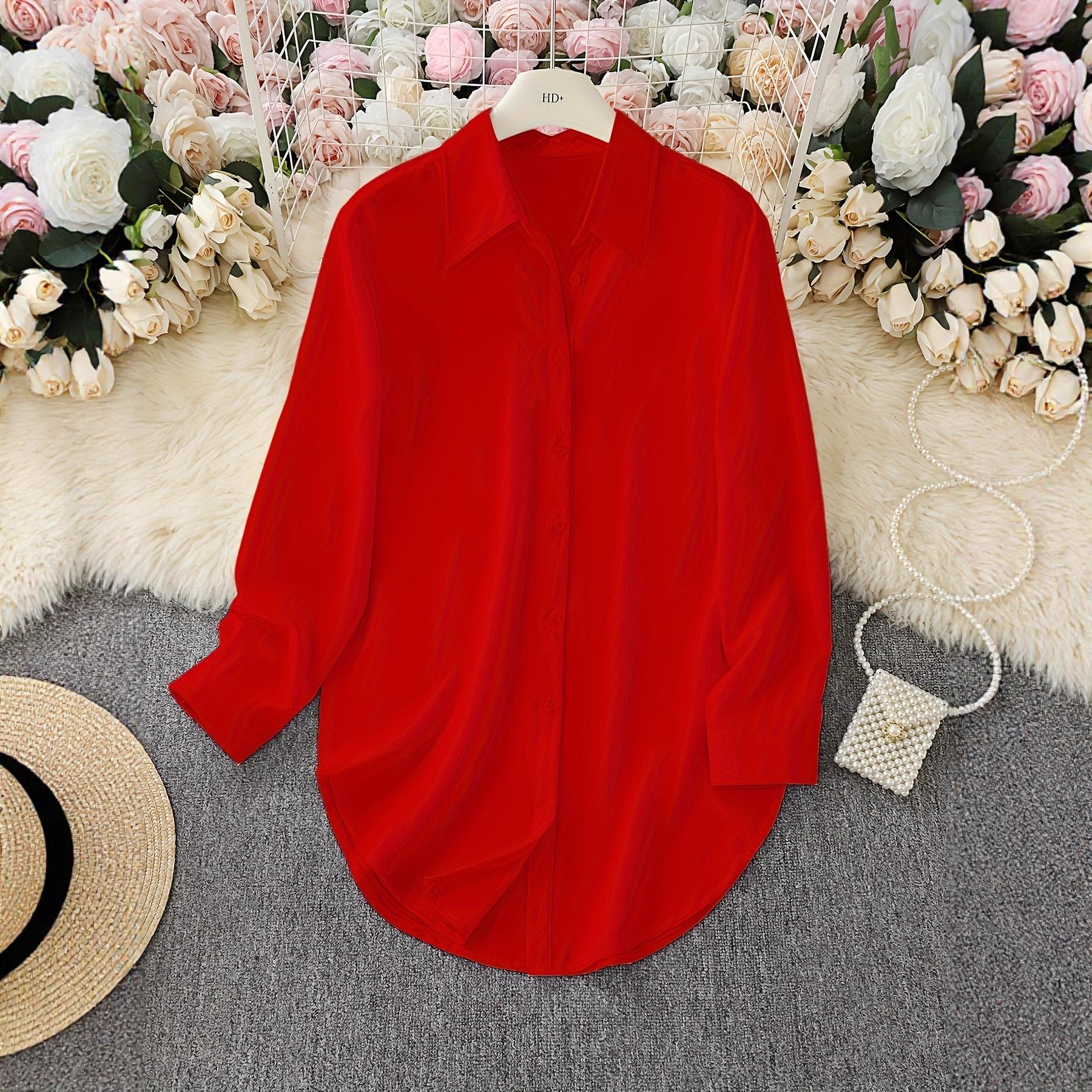 Damen Plus Size Unifarben Spitzkragen Langarm Gebogener Saum Locker Lässig Hemdbluse 1XL rot