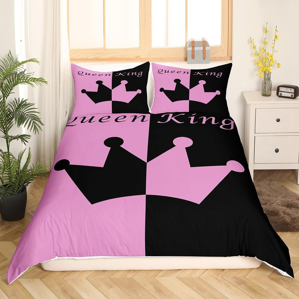 Crown Queen and King Couple Duvet Cover His and Hers Bedding Set Pink Comforter Cover Lover Romantic Valentine's Day Quilt Cover
