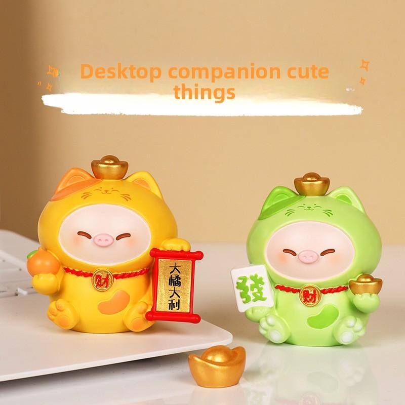 Cat Decor Resin Figurine With Wealth Symbols For Home Office Gift Ideas