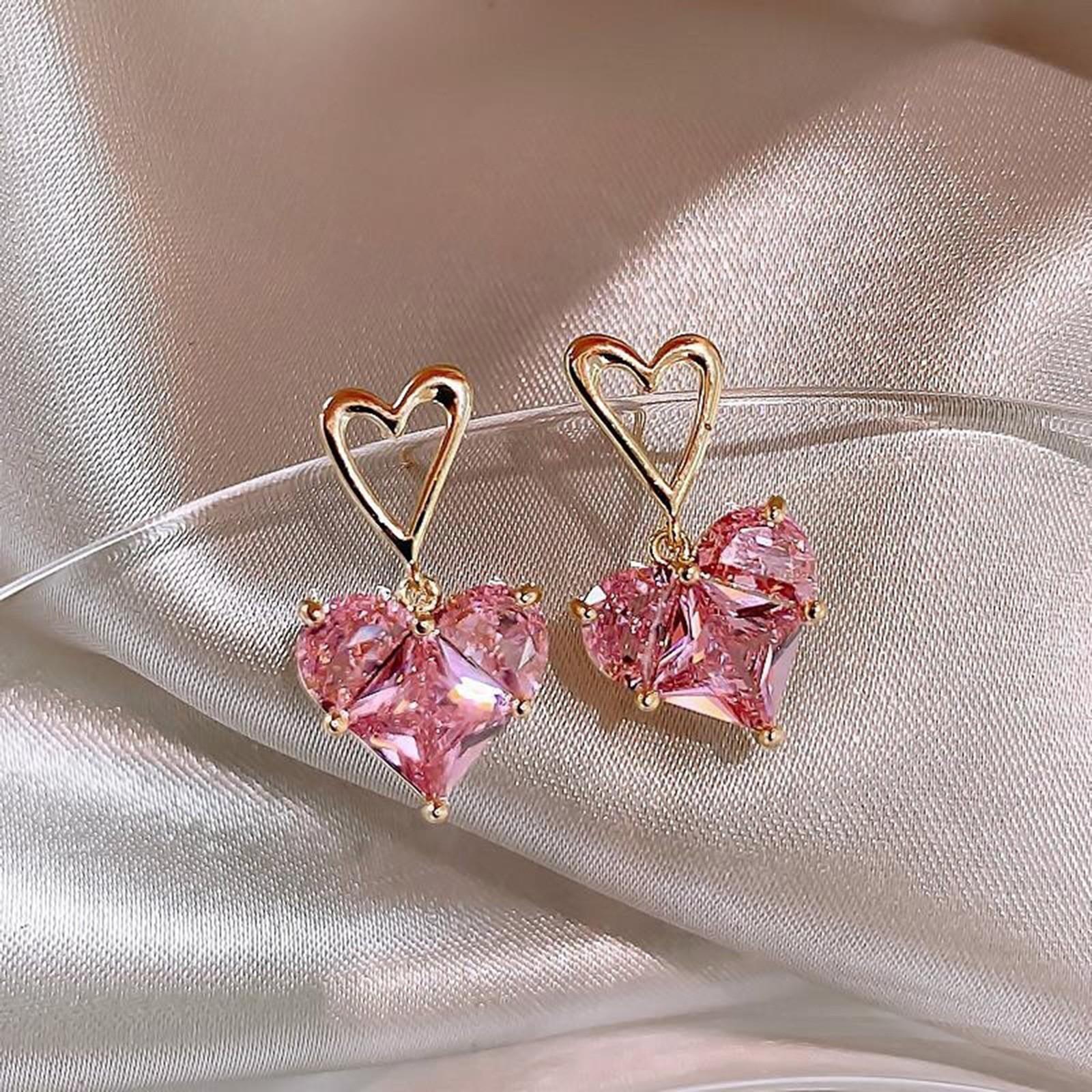 Fashion super flash crystal love stud earrings women s summer ins temperament cold wind small exquisite earrings new розовый