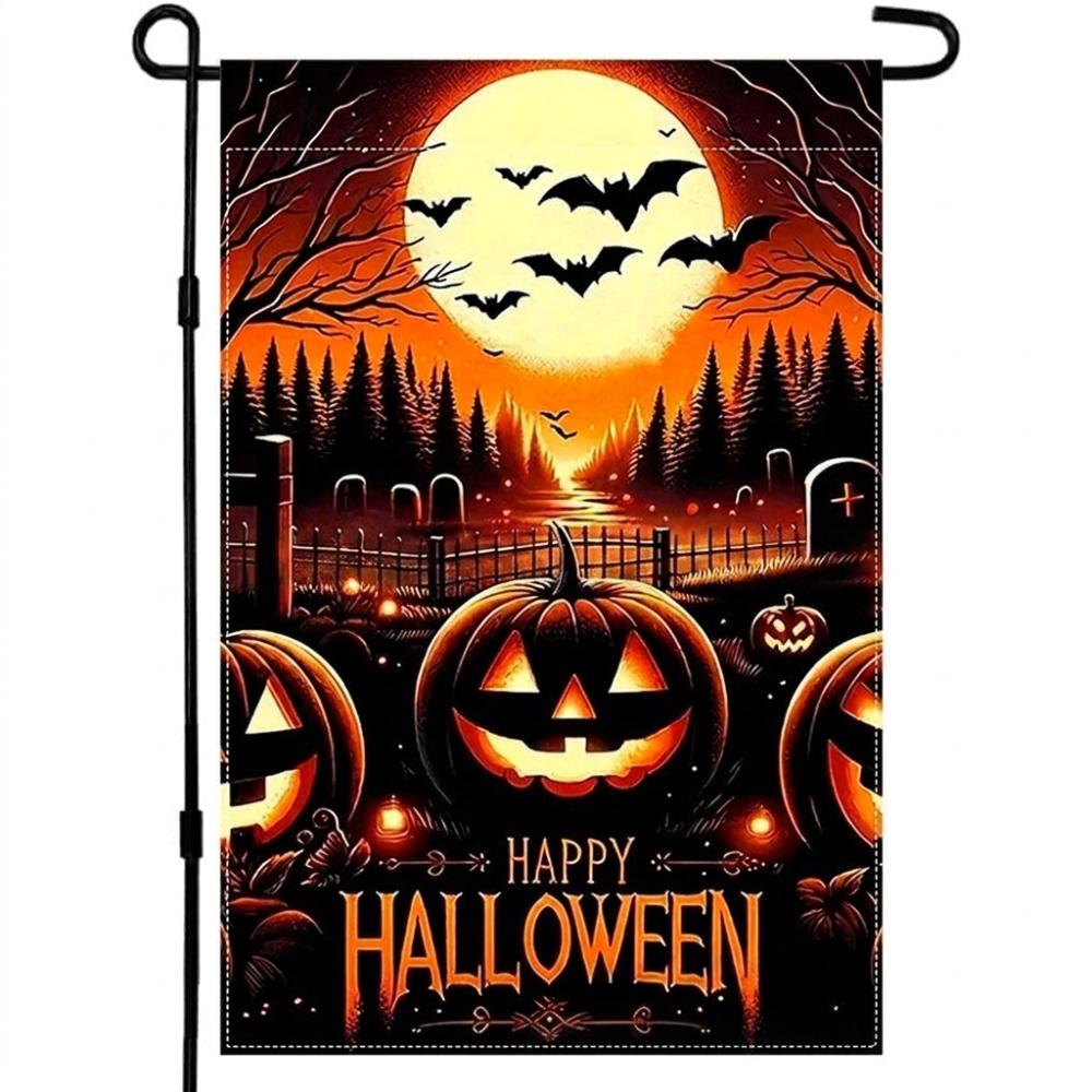 2D Flat Print Halloween Garden Flag Single Sided Haunted House Pumpkin Black Cat Cloth Spooky Polyester Halloween Outdoor Banner