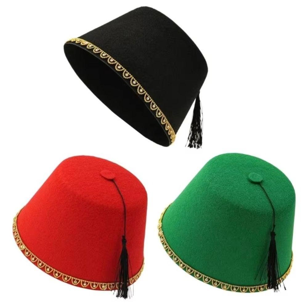 Accesorios de Disfraz Sombrero Redondo de Fieltro Fez Sombrero Marroquí Color Rojo Tarboosh Sombrero Fez Cosplay Transpirable Borlas Turcas Gorra Sombrero de Fiesta
