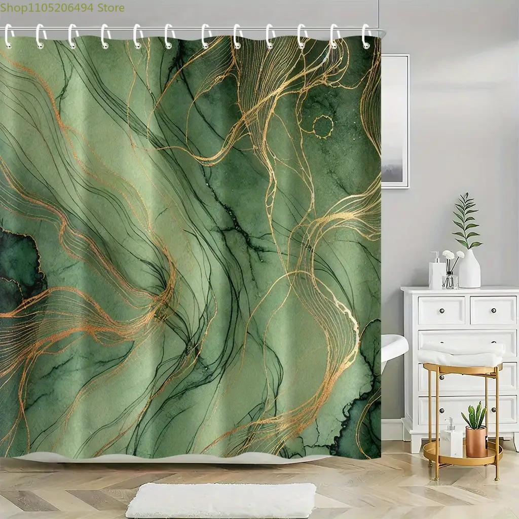 1pc Elegant Green & Shower Curtain with 12 Hooks - Luxury Bathroom Decor Suitable for Home & Hotel Use, Digitally Printed, Mac
