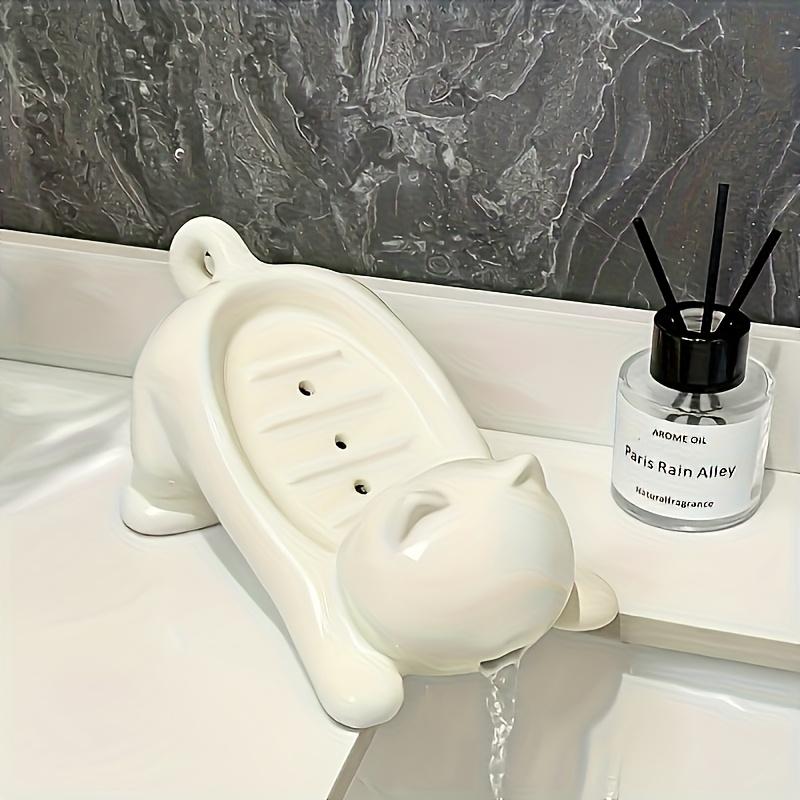 Adorable Cartoon Cat Soap Dish Holder - Glossy White & Pink Plastic Bathroom Storage for Soap & Sponge, Cute Decorative Drainage Design