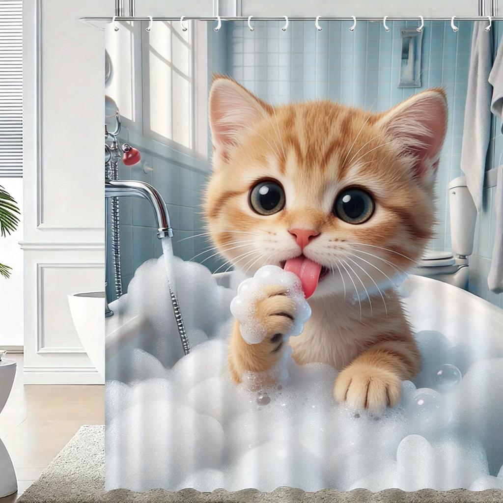 Cute 3D Cartoon Penguin Bathing with Bubbles Waterproof Shower Curtain - Fun Bathroom Decor